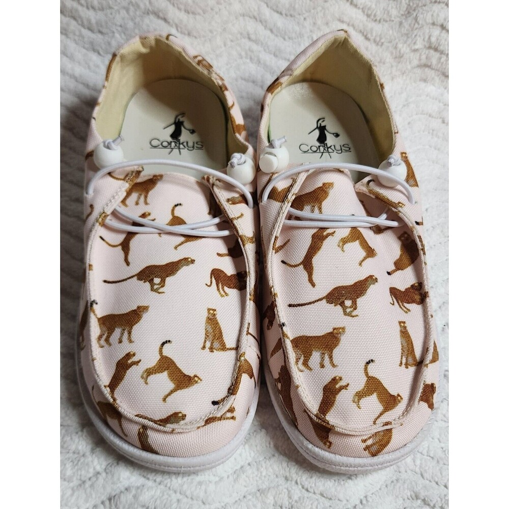 New CORKY'S Pink/Brown Cheetah/Print KAYAK Shoes Canvas NwoT Sz 7 +Socks